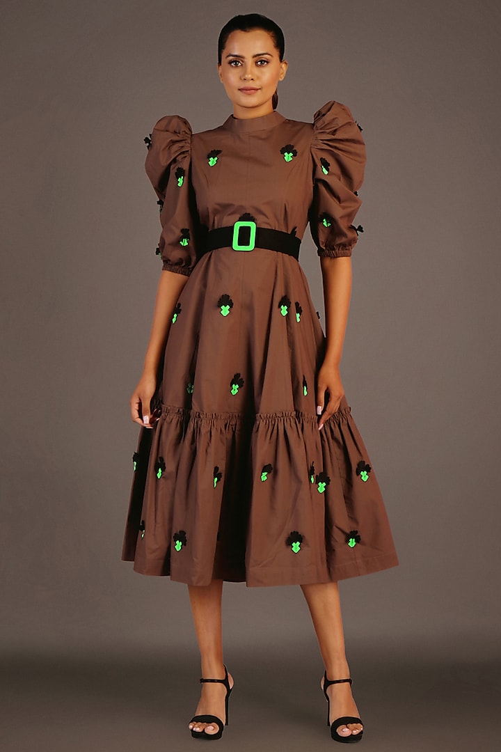 Olive Cotton Knee-Length Dress With Belt by Deepika Arora