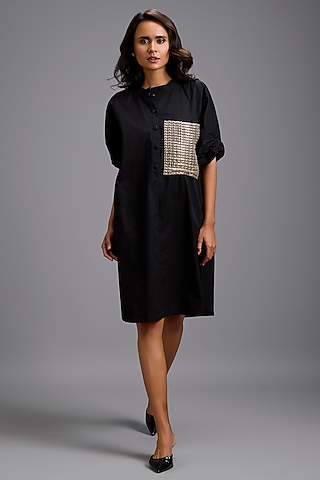 Black Cotton Oversized Shirt Dress by Deepika Arora