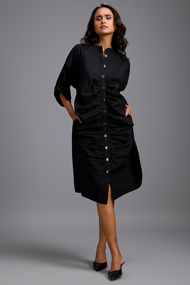 Black Cotton Ruched Summer Shirt Dress by Deepika Arora at Pernia's Pop Up Shop