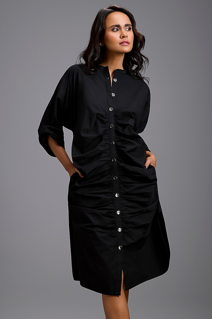Black Cotton Ruched Summer Shirt Dress by Deepika Arora at Pernia's Pop Up Shop