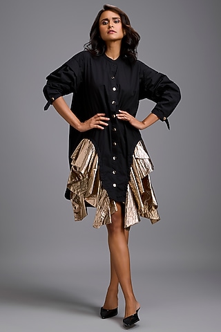 Black Cotton Tiered Ruffled Mini Dress by Deepika Arora