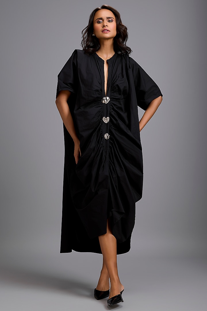 Black Cotton Draped Summer Dress by Deepika Arora at Pernia's Pop Up Shop