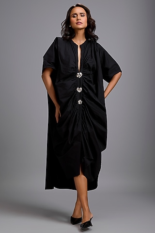 Black Cotton Draped Dress by Deepika Arora