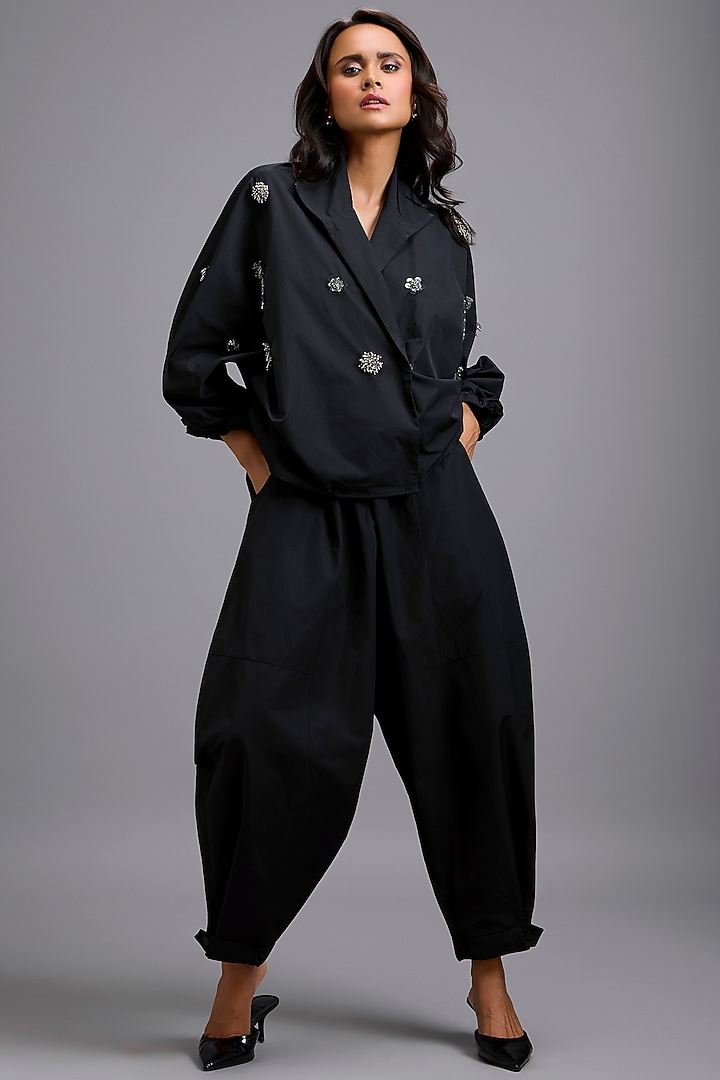 Black Parachute Tapered Drop-Crotch Pants by Deepika Arora at Pernia's Pop Up Shop