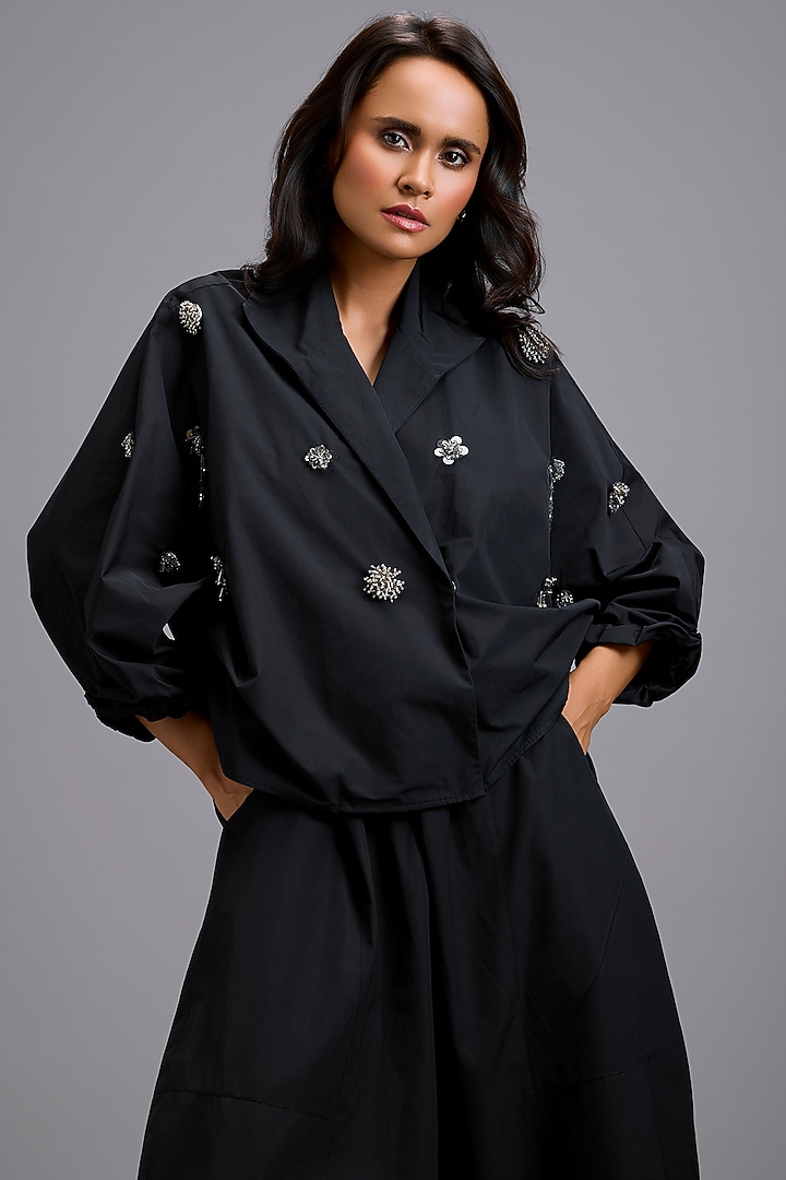Black Parachute Embellished Cropped Blazer by Deepika Arora at Pernia's Pop Up Shop