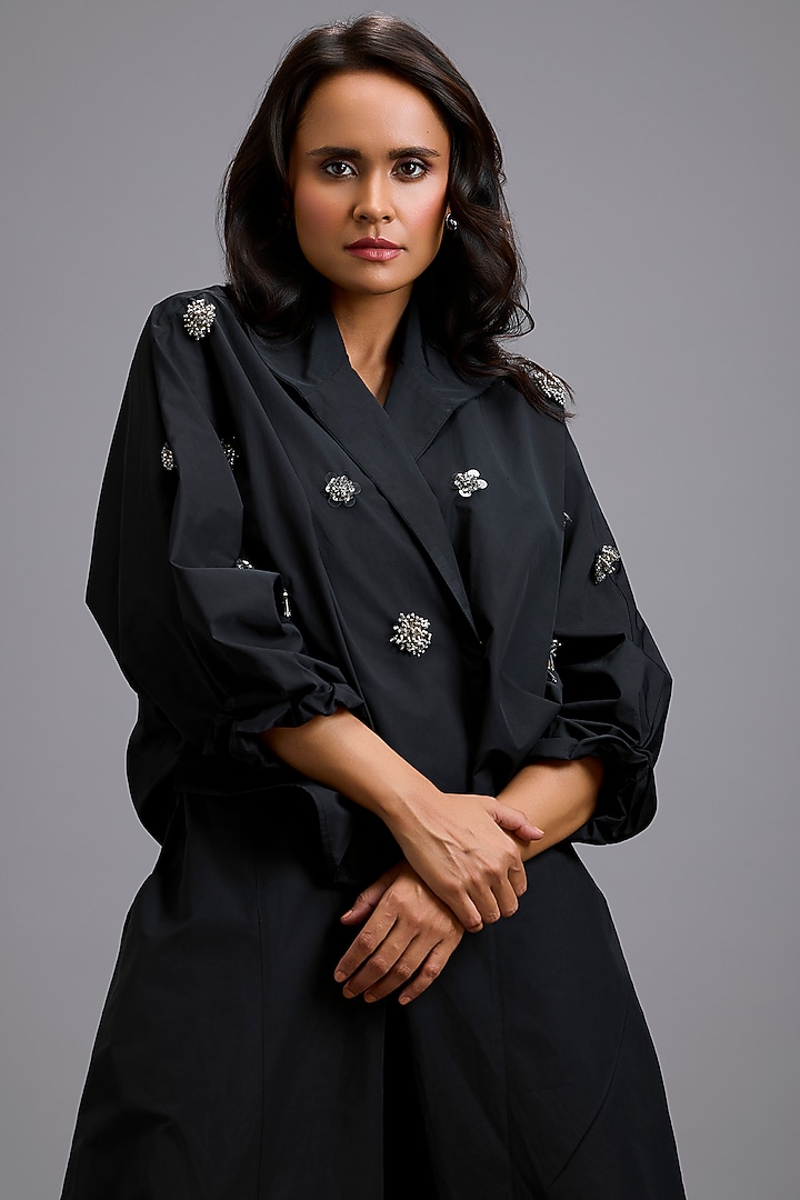 Black Parachute Embellished Cropped Blazer by Deepika Arora at Pernia's Pop Up Shop