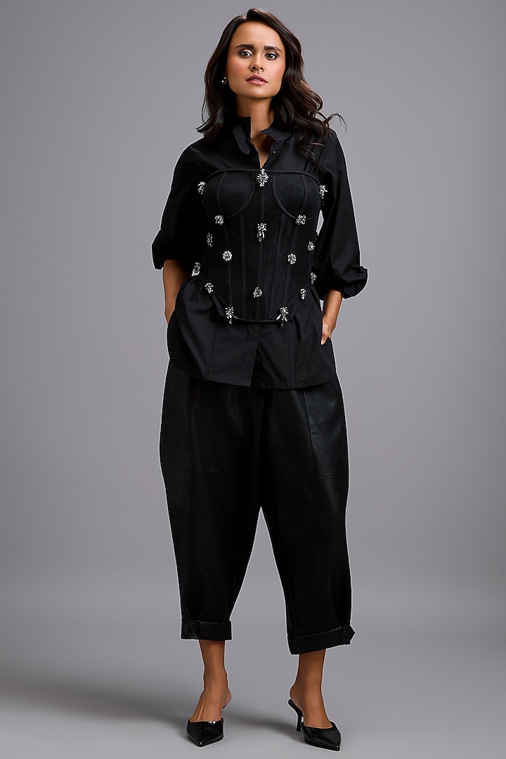 Black Net & Leather Embellished Co-Ord Set by Deepika Arora at Pernia's Pop Up Shop