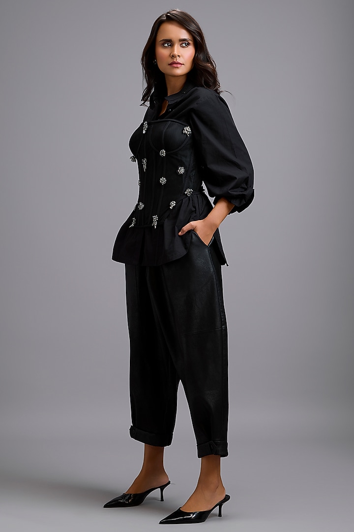 Black Net & Leather Embellished Co-Ord Set by Deepika Arora at Pernia's Pop Up Shop