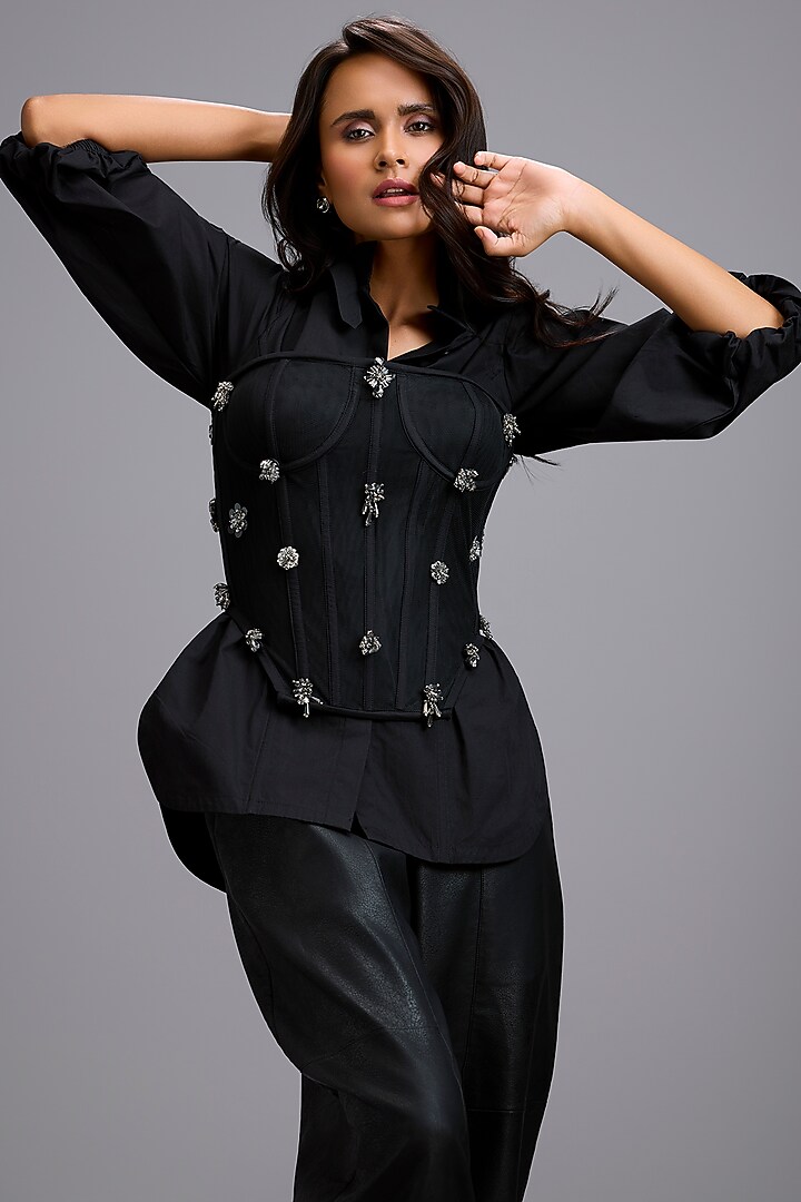 Black Net & Leather Embellished Co-Ord Set by Deepika Arora at Pernia's Pop Up Shop
