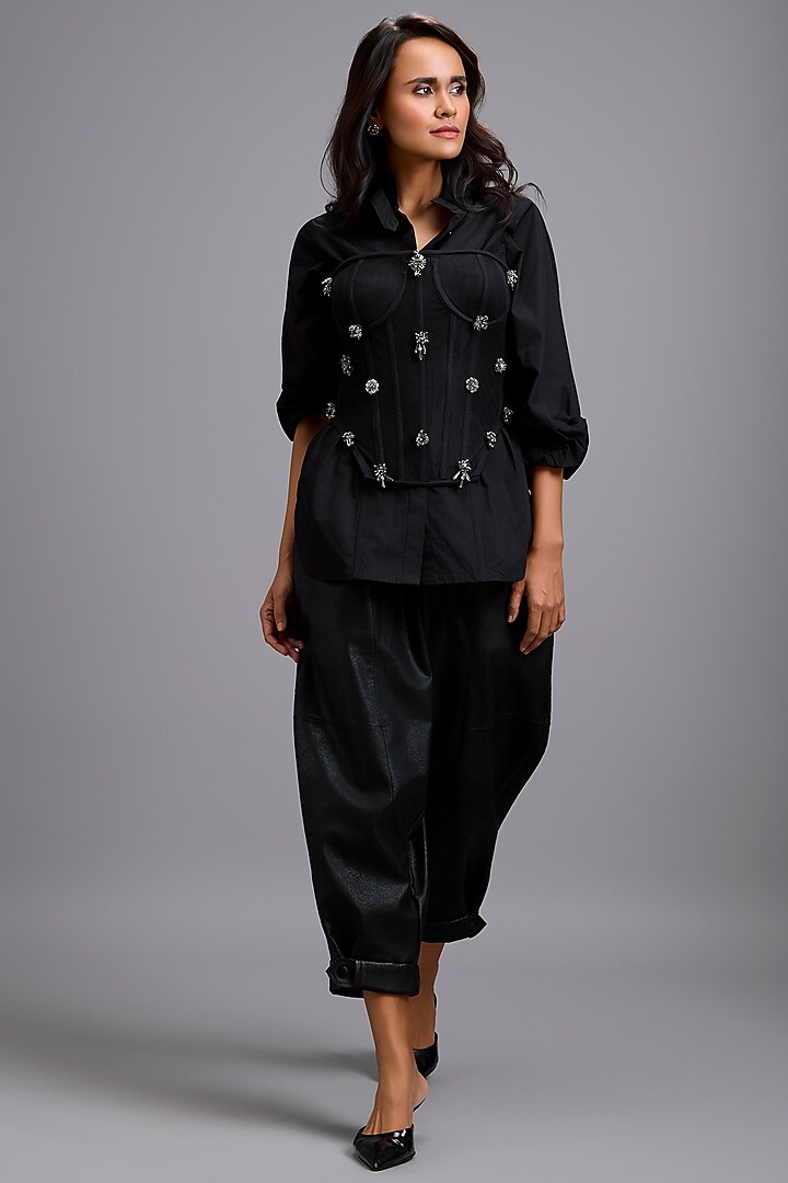 Black Vegan Leather Cuffed Pants by Deepika Arora at Pernia's Pop Up Shop