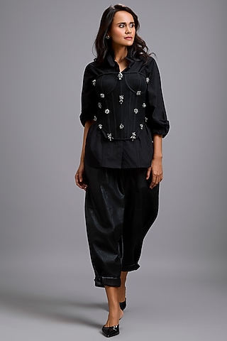 Black Vegan Leather Cuffed Pants by Deepika Arora