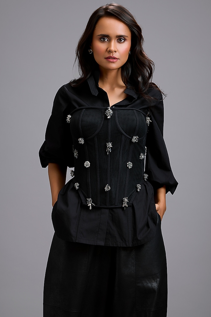 Black Net Shirt With Embellished Corset by Deepika Arora at Pernia's Pop Up Shop