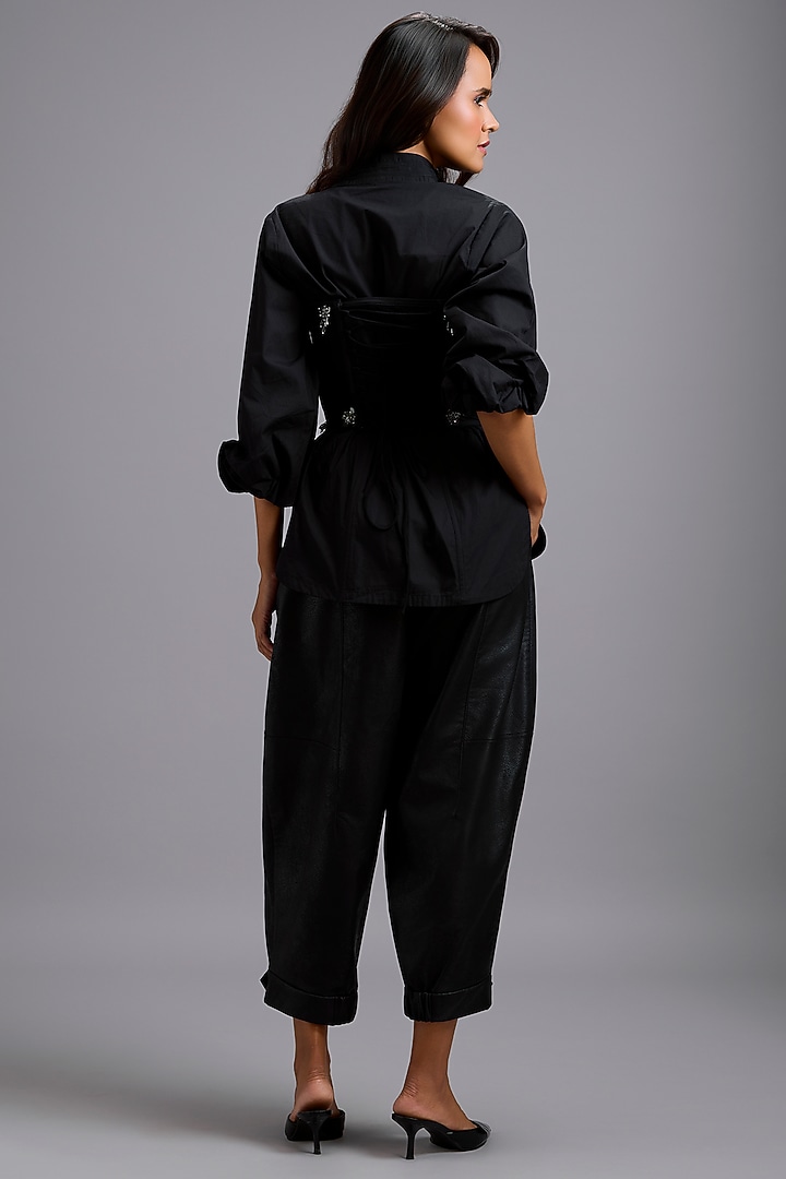Black Net Shirt With Embellished Corset by Deepika Arora at Pernia's Pop Up Shop