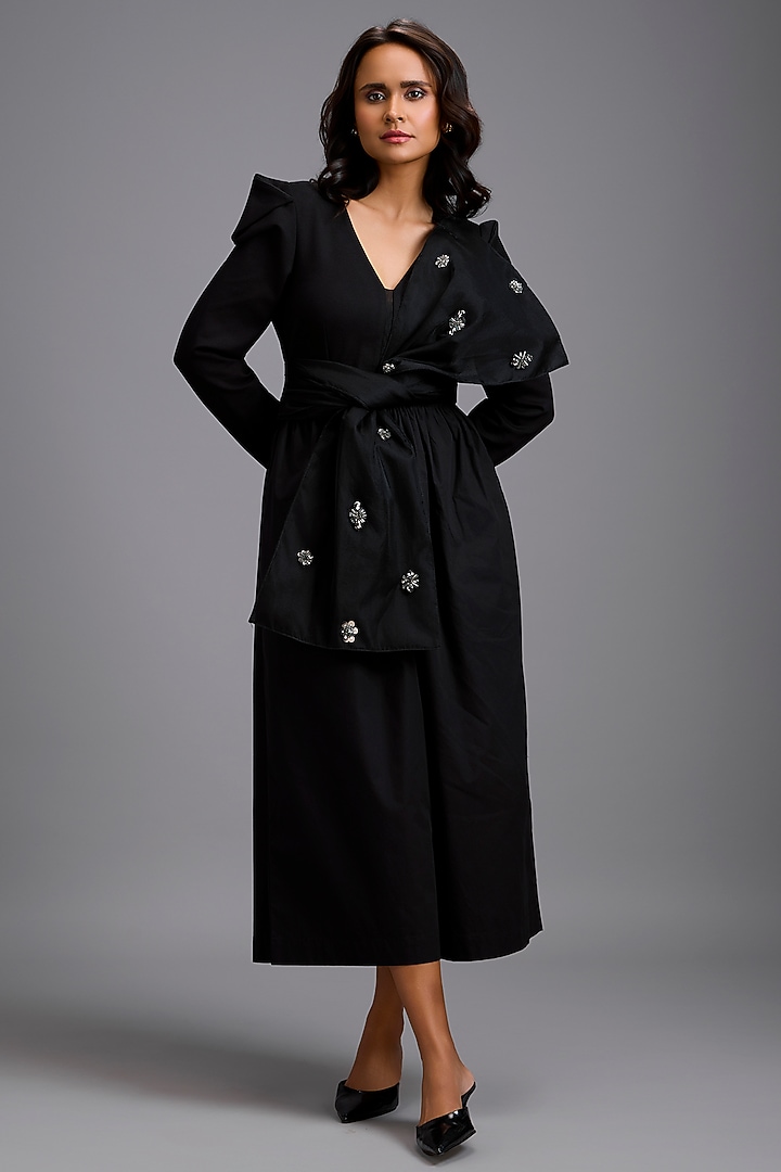 Black Ponte Roma Structured Jumpsuit by Deepika Arora at Pernia's Pop Up Shop