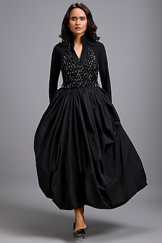 Black Net Structured Jacket Dress by Deepika Arora