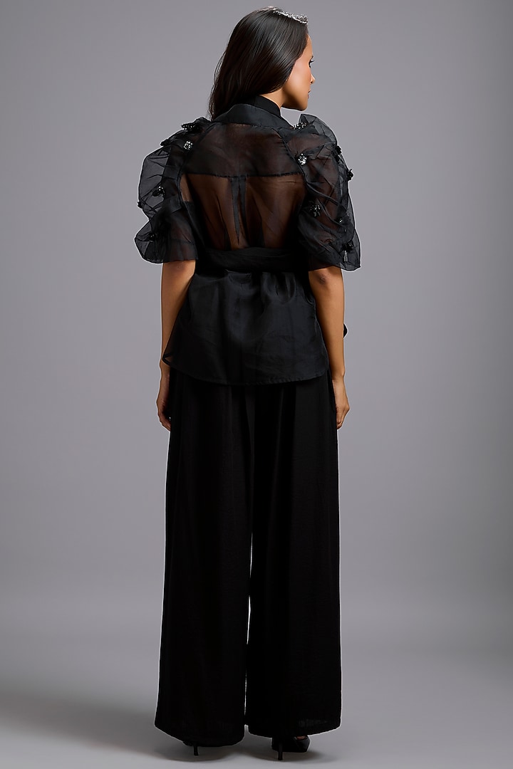 Black Linen Floral Applique Co-Ord Set by Deepika Arora at Pernia's Pop Up Shop