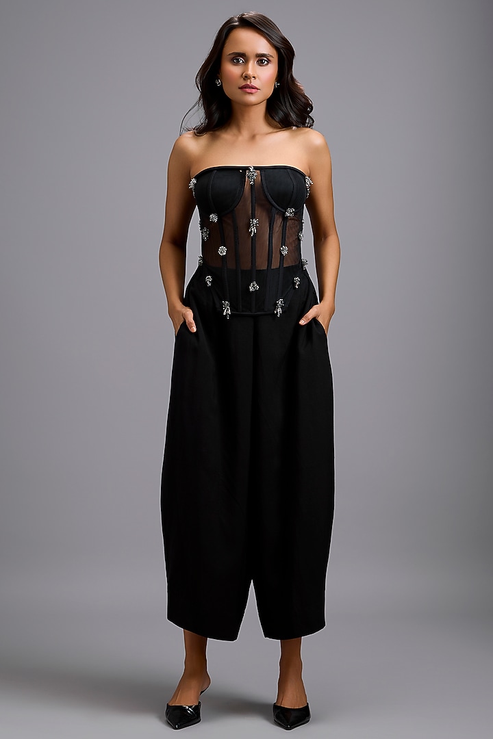 Black Linen Wide-Leg Tapered Pants by Deepika Arora at Pernia's Pop Up Shop