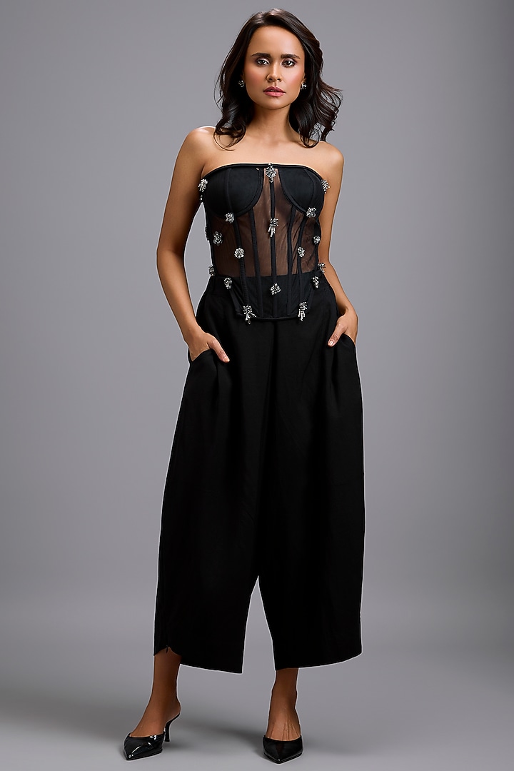Black Net Rhinestone Embellished Corset by Deepika Arora at Pernia's Pop Up Shop