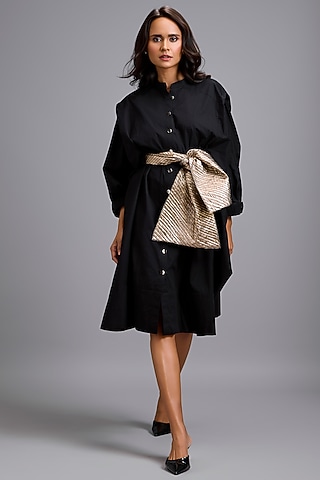 Black Cotton Midi Dress by Deepika Arora