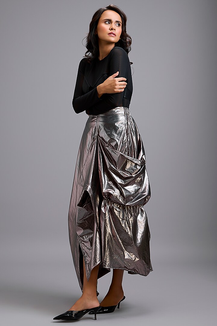 Gunmetal Metallic Draped Maxi Skirt Set by Deepika Arora at Pernia's Pop Up Shop