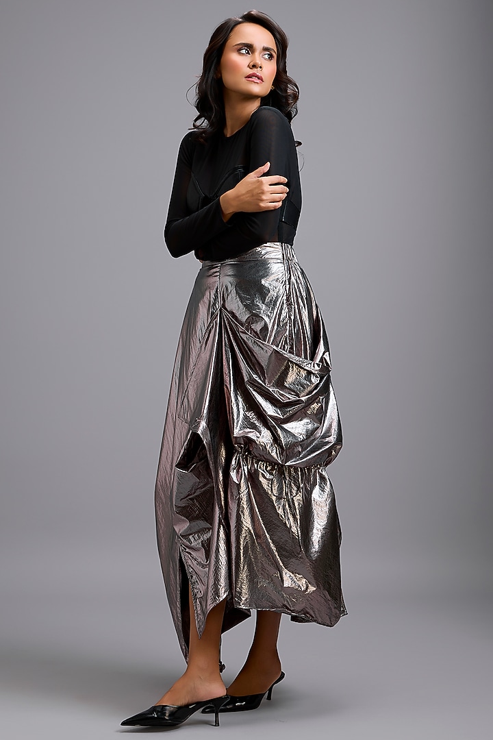 Gunmetal Metallic Draped Maxi Skirt by Deepika Arora at Pernia's Pop Up Shop