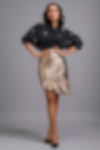Gold Metallic Asymmetric Ruched Mini Skirt Set by Deepika Arora at Pernia's Pop Up Shop