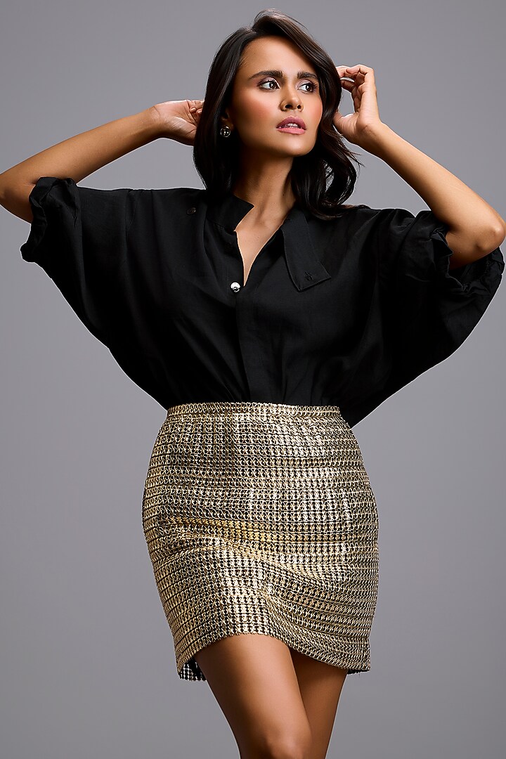 Gold Metallic Textured Mini Skirt Set by Deepika Arora at Pernia's Pop Up Shop