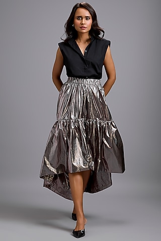 Gunmetal Metallic High-Low Skirt Set by Deepika Arora
