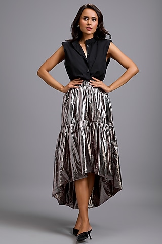 Gunmetal Metallic High-Low Skirt by Deepika Arora