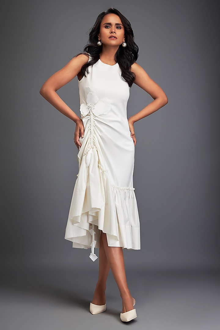 White Ponte Roma Floral Embellished Dress by Deepika Arora at Pernia's Pop Up Shop