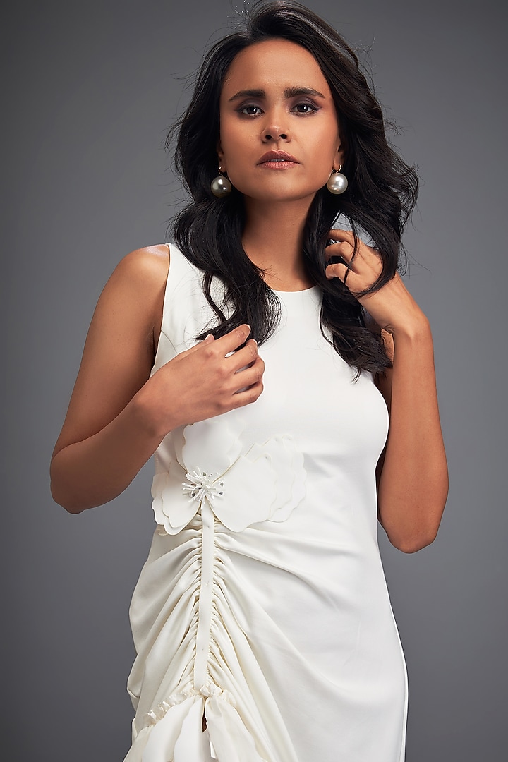 White Ponte Roma Floral Embellished Vacation Dress by Deepika Arora at Pernia's Pop Up Shop