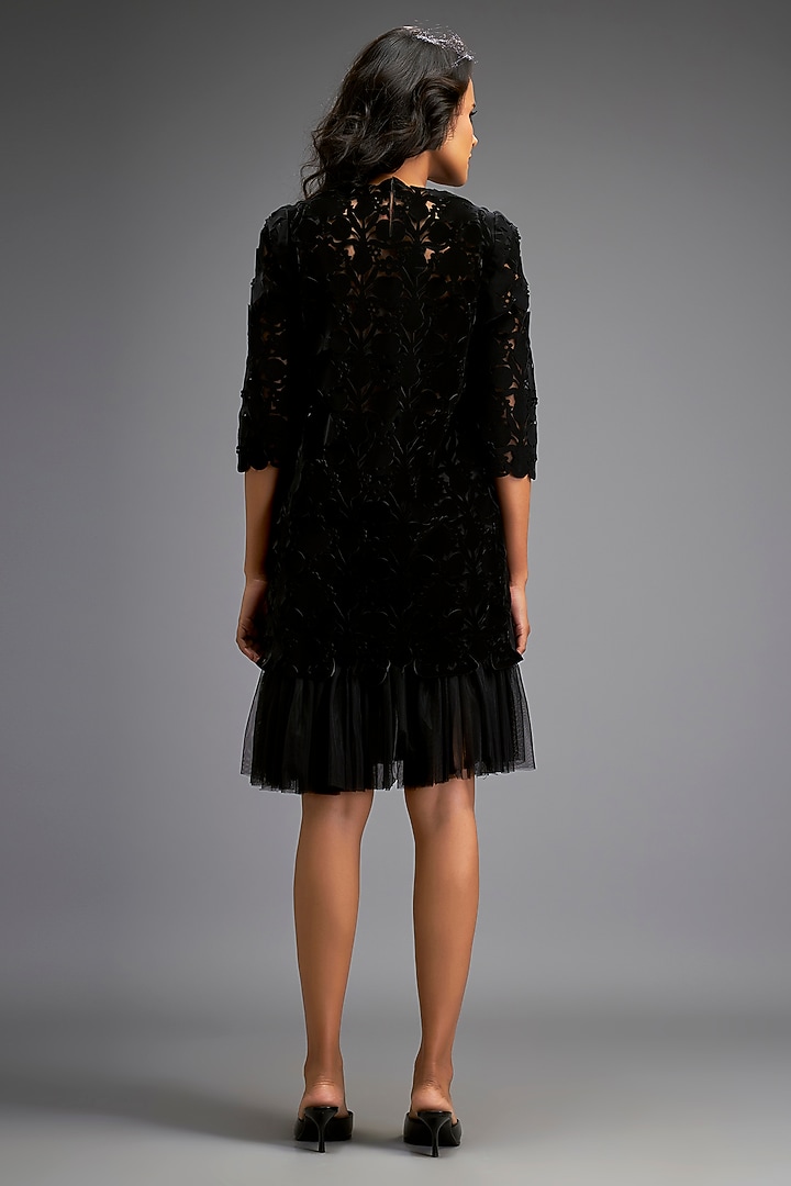 Black Vegan Leather & Velvet Shift Vacation Dress by Deepika Arora at Pernia's Pop Up Shop
