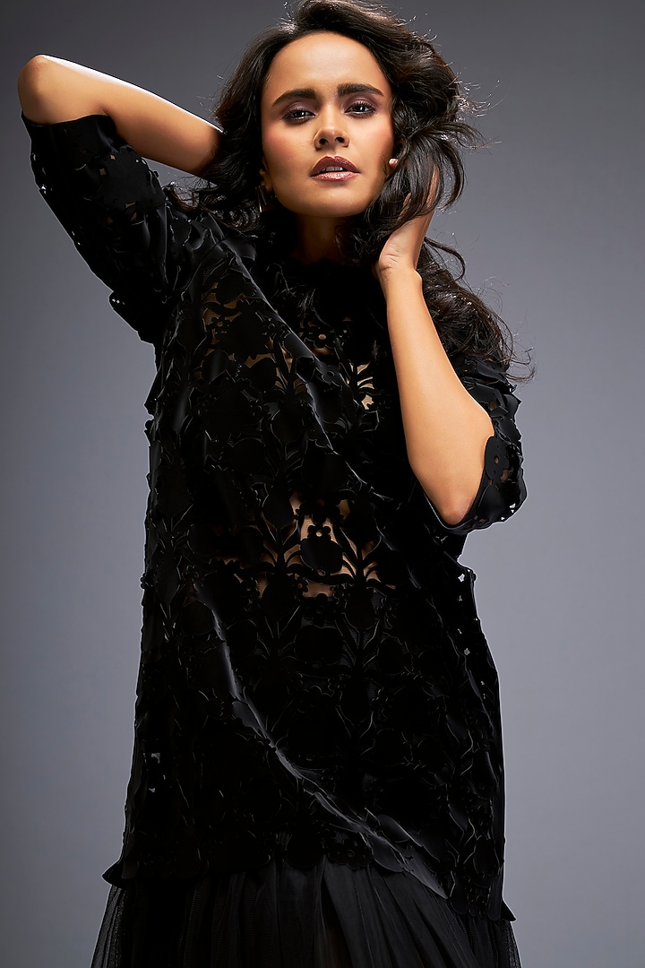 Black Vegan Leather & Velvet Shift Vacation Dress by Deepika Arora at Pernia's Pop Up Shop