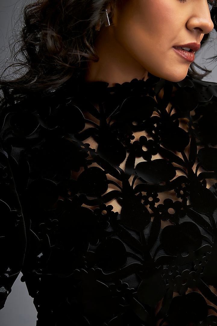 Black Vegan Leather & Velvet Vacation Dress by Deepika Arora at Pernia's Pop Up Shop