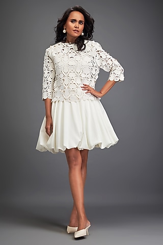 White Vegan Leather & Velvet Bubble Dress by Deepika Arora