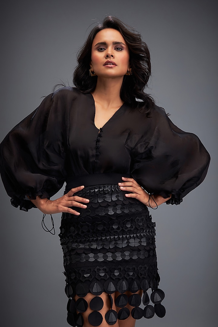 Black Ponte Roma 3D Geometric Embellished Skirt by Deepika Arora at Pernia's Pop Up Shop