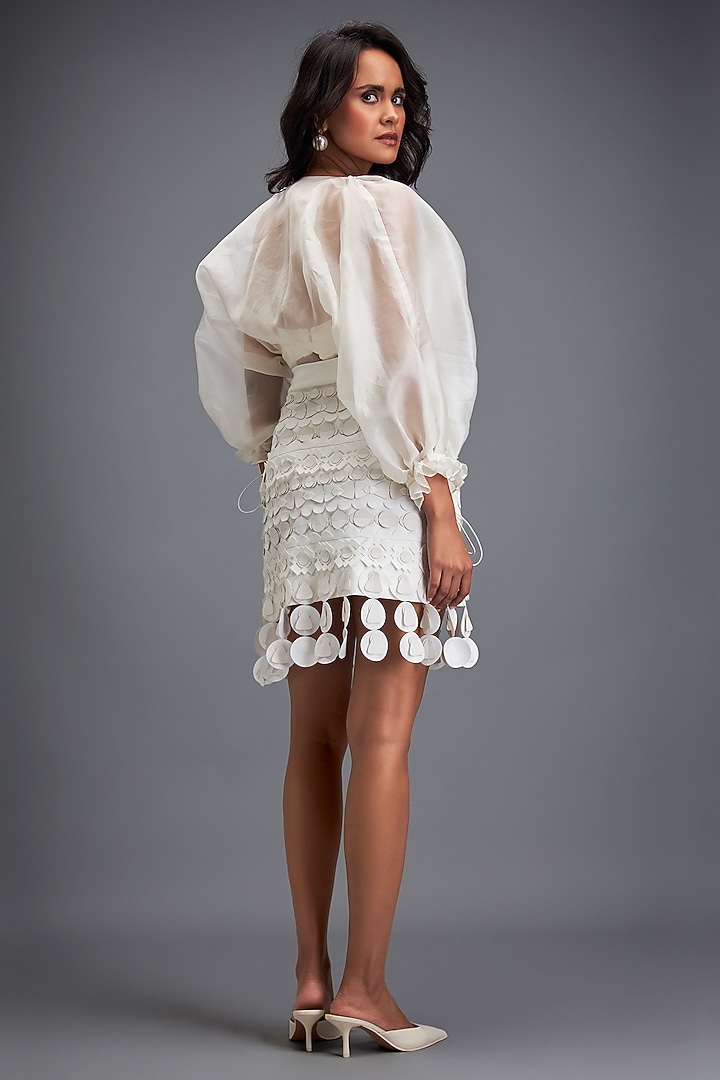 White Ponte Roma 3D Geometric Embellished Skirt by Deepika Arora at Pernia's Pop Up Shop