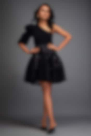 Black Rozella Crepe & Tulle 3D Embellished One-Shoulder Dress by Deepika Arora at Pernia's Pop Up Shop