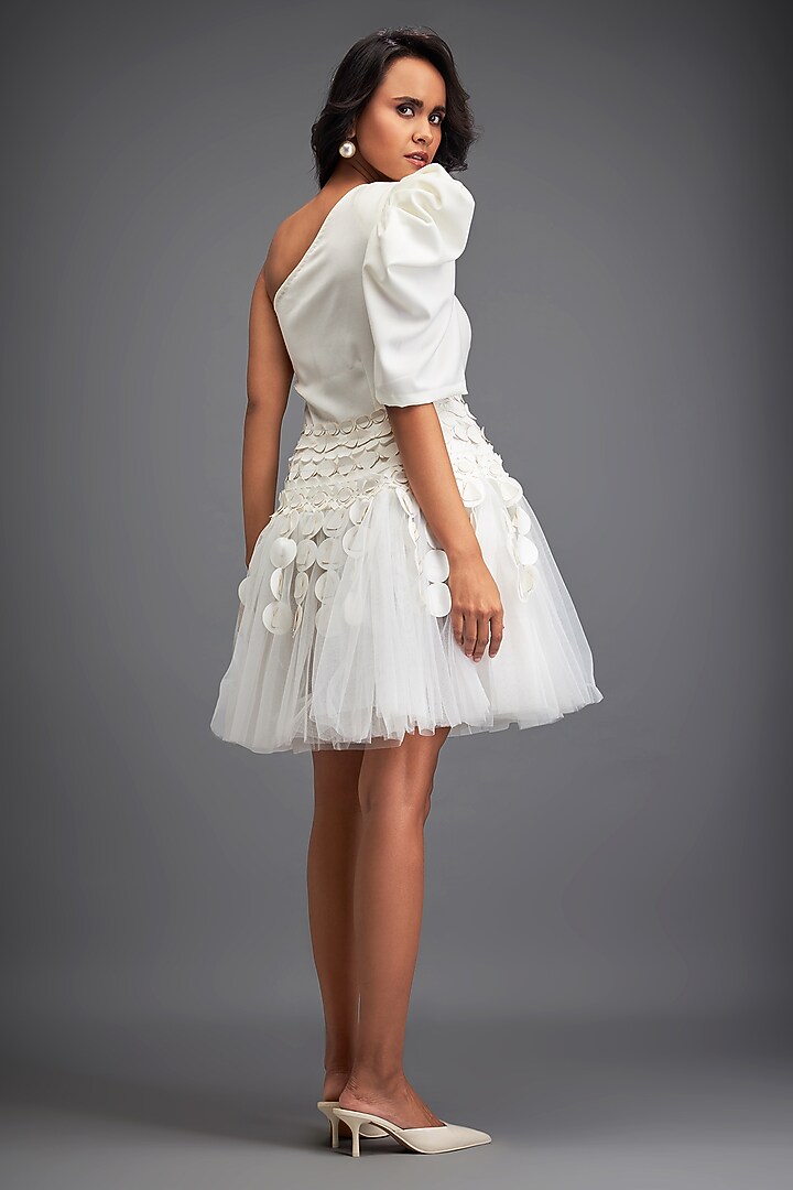 White Rozella Crepe & Tulle 3D Embellished One-Shoulder Vacation Dress by Deepika Arora at Pernia's Pop Up Shop