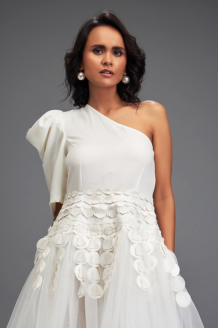 White Rozella Crepe & Tulle 3D Embellished One-Shoulder Vacation Dress by Deepika Arora at Pernia's Pop Up Shop