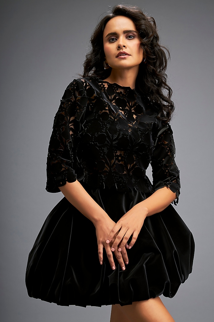 Black Vegan Leather & Velvet Skirt Set by Deepika Arora at Pernia's Pop Up Shop