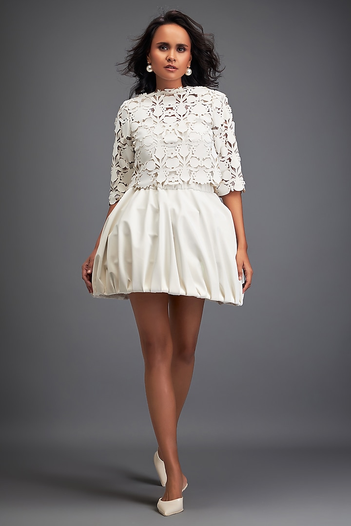 White Vegan Leather & Velvet Skirt Set by Deepika Arora at Pernia's Pop Up Shop