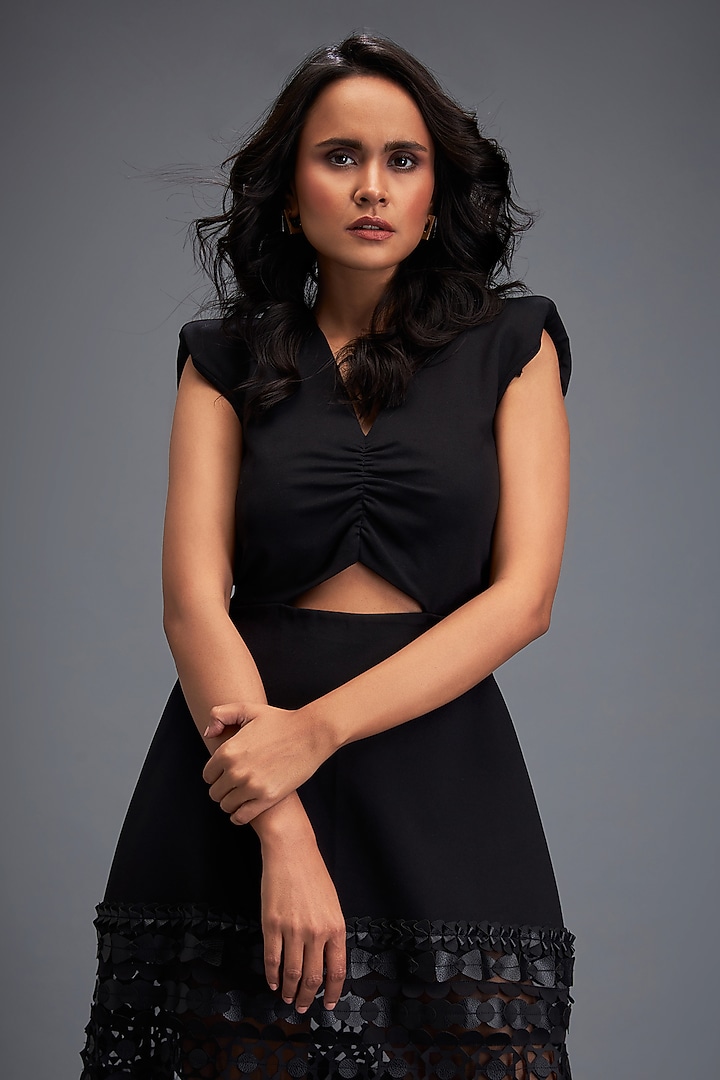Black Ponte Roma Knee-Length Vacation Dress by Deepika Arora at Pernia's Pop Up Shop