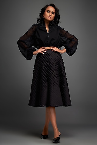 Black Ponte Roma Bomber Jacket by Deepika Arora