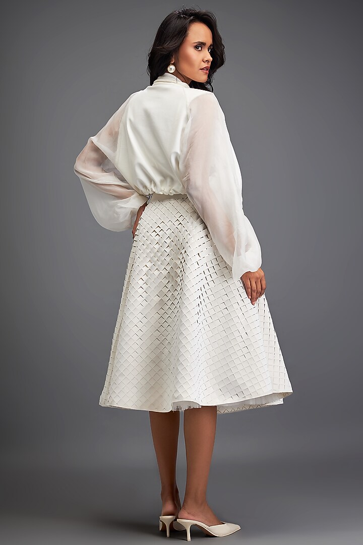White Ponte Roma Cropped Bomber Jacket by Deepika Arora at Pernia's Pop Up Shop