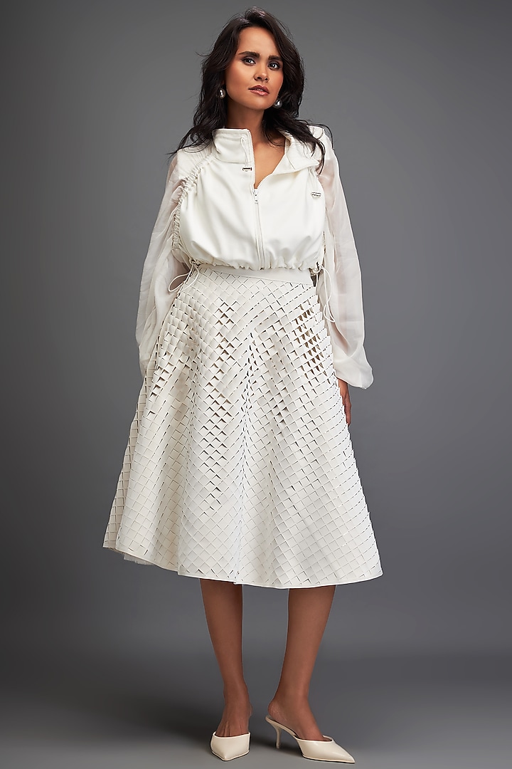 White Ponte Roma Cropped Bomber Jacket by Deepika Arora at Pernia's Pop Up Shop