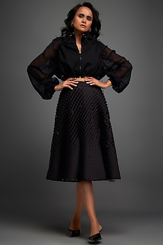 Black Vegan Leather 3D Textured A-line Midi Skirt by Deepika Arora