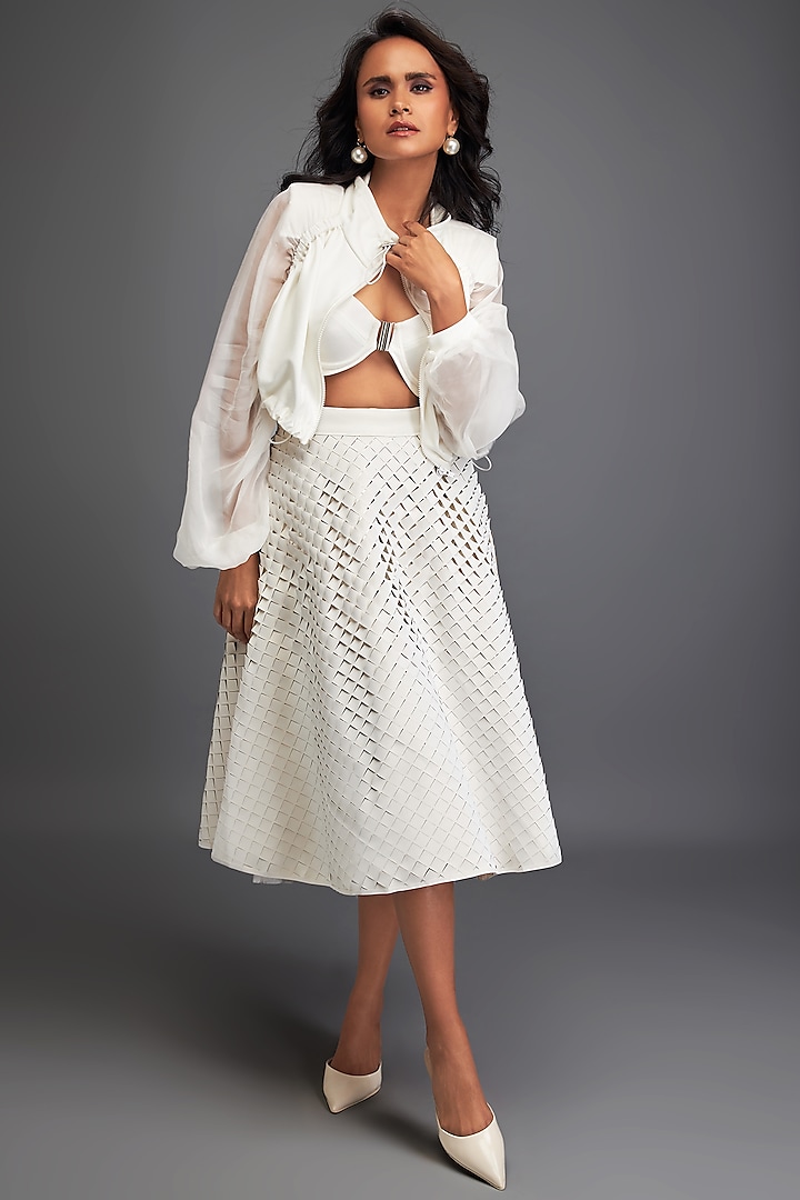 White Vegan Leather 3D Textured A-line Midi Skirt by Deepika Arora at Pernia's Pop Up Shop