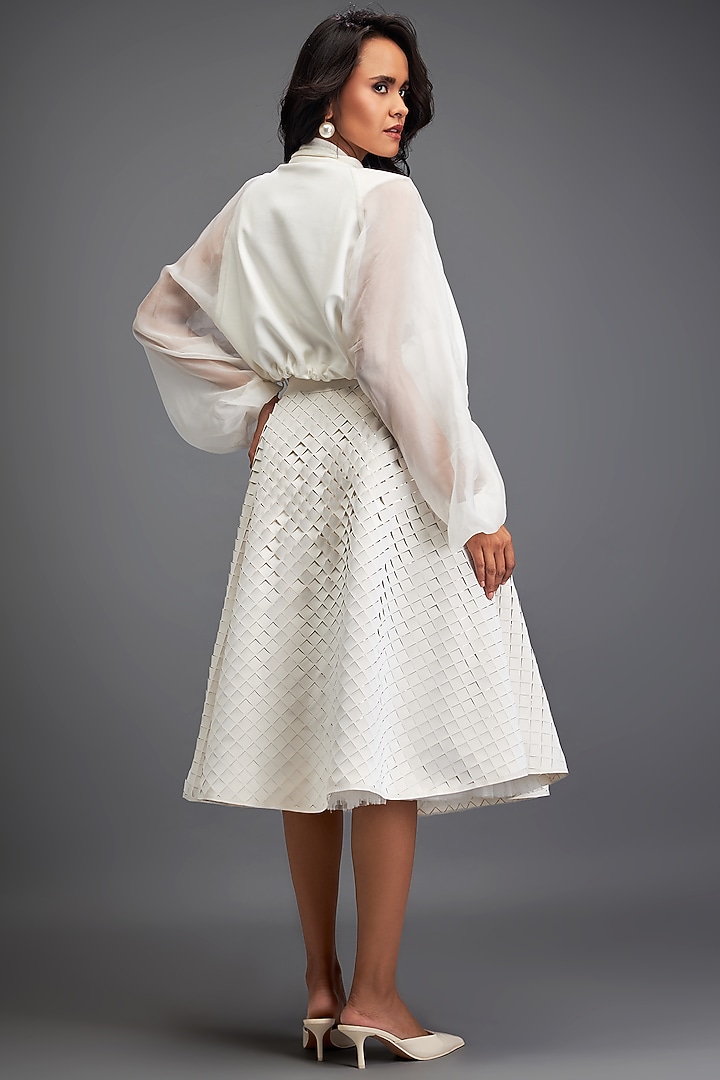 White Vegan Leather 3D Textured A-line Midi Skirt by Deepika Arora at Pernia's Pop Up Shop