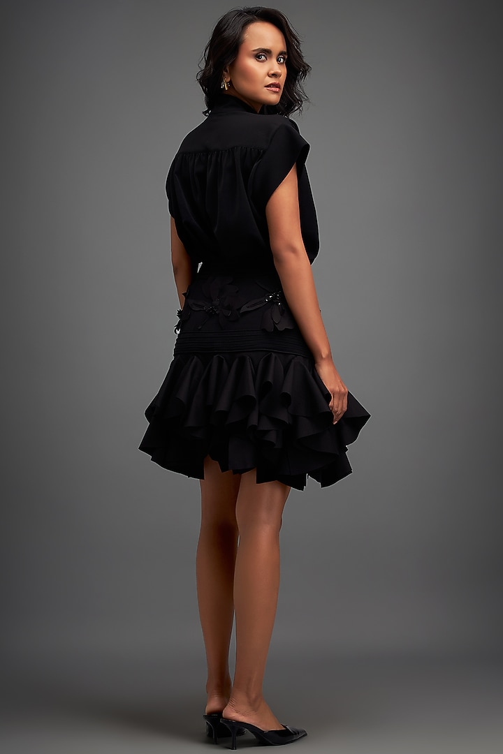 Black Rozella Crepe Ruffled Skirt Set by Deepika Arora at Pernia's Pop Up Shop